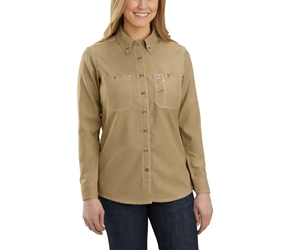 Womens Carhartt FR Force Relaxed-Fit Lightweight Long-Sleeve Button-Front Shirt | Dark Khaki 