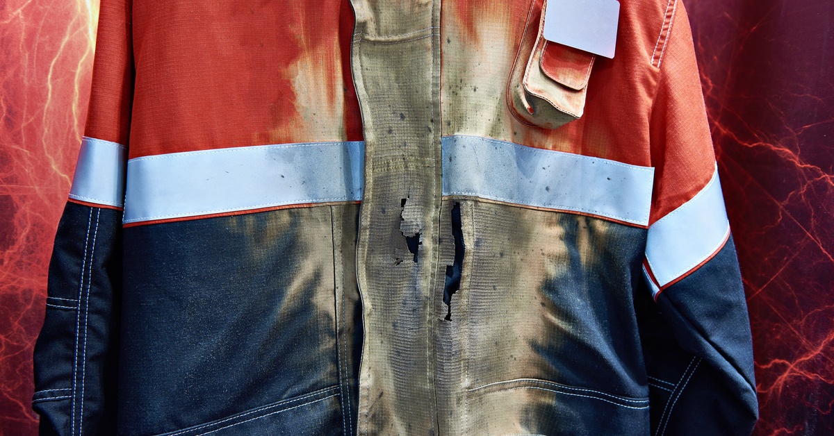 An industrial worker's safety jacket is badly damaged from an electrical arc with holes and discoloration in the fabric.