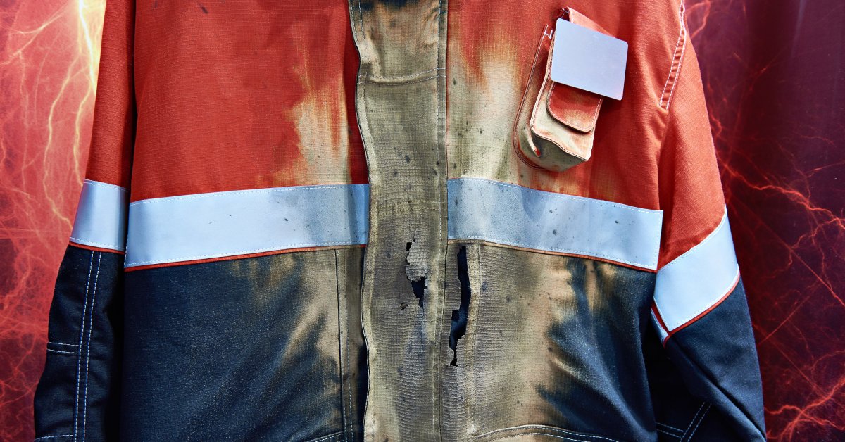 An orange and black jacket for working in industrial environments shows signs of damage, with holes in the fabric.