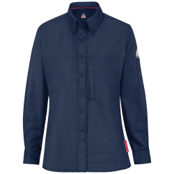 Bulwark FR Womens iQ Series Midweight Comfort Woven Shirt | Navy flame, fire, resistant, frc, retardant, long sleeve, button down, uniform, ladies, womens, feminine