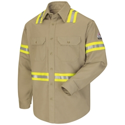 Bulwark Flame Resistant Enhanced Visibility 7 oz. Uniform Shirt | Khaki reflective, tape, trim, hi, vis, work, cat, 2, tan