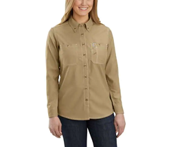 Women's Carhartt FR Force Relaxed-Fit Lightweight Long-Sleeve Button-Front Shirt | Dark Khaki 