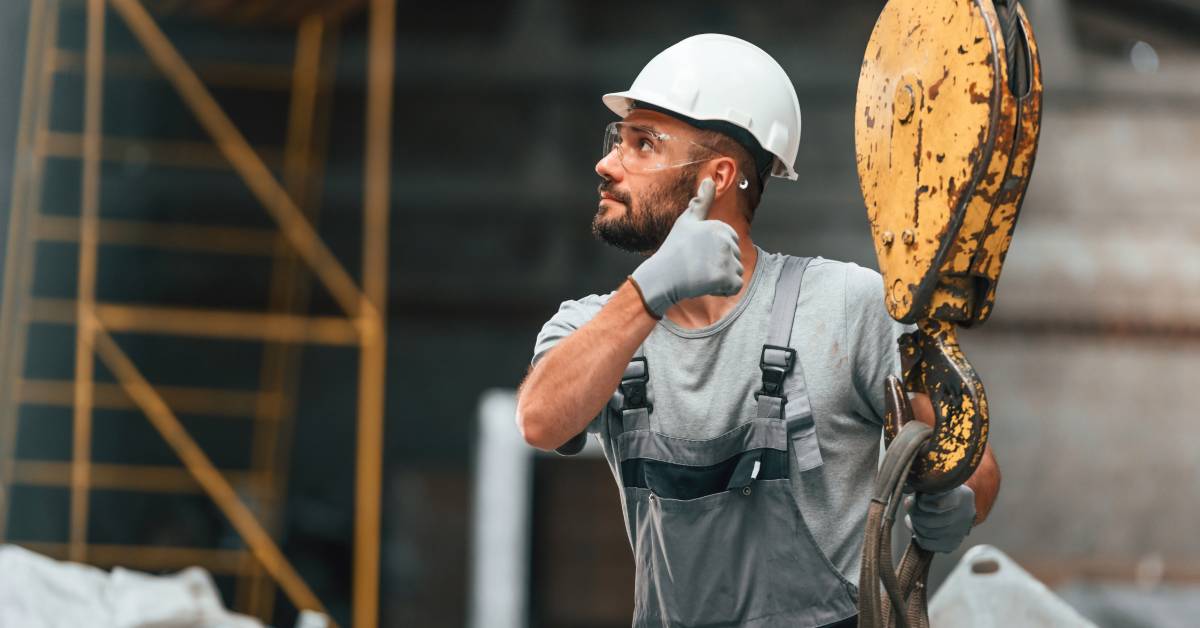 An industrial worker in bib overalls, a hard hat, safety glasses, and gloves holds a crane hook and give a thumbs-up.