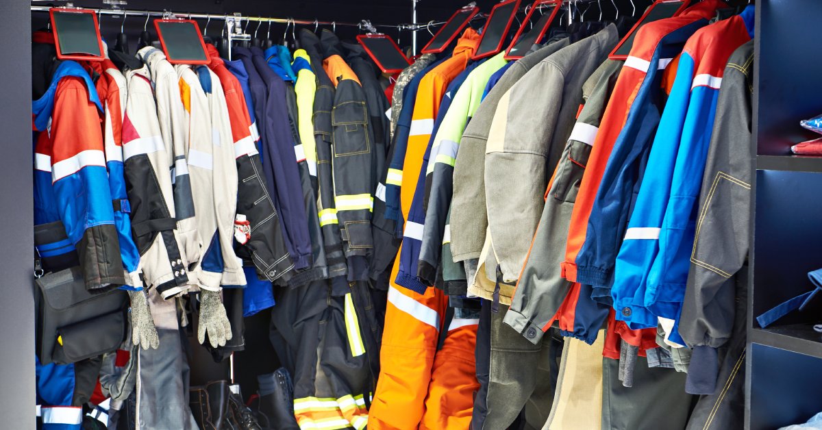 Several articles of clothing hanging on a rack. There is a variety of colored fabric and there are some shoes on the floor.