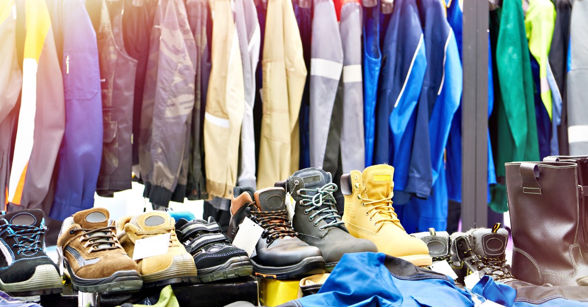 Several work shoes with tags on them sit lined up in front of work jackets hanging on a rack in a store.